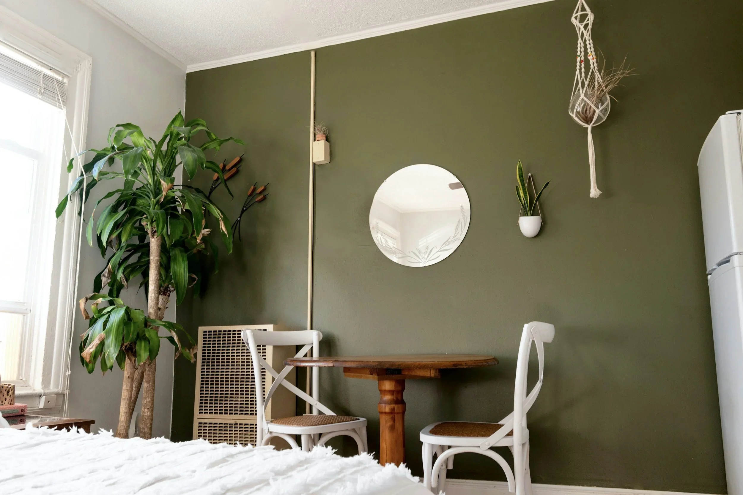 Minimalist small dining area with an olive green accent wall, round mirror, and indoor plants.