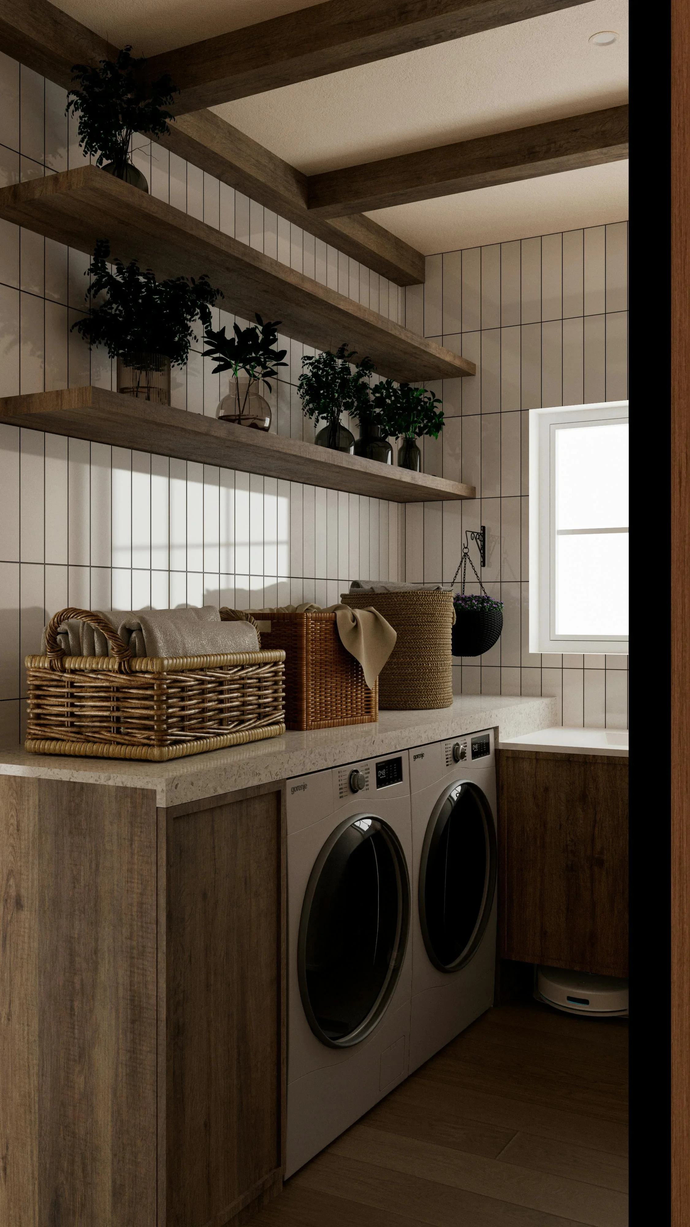 Organized farmhouse-style laundry room by Love to Organize in Coachella Valley, featuring wicker baskets on a quartz countertop above a washer and dryer.