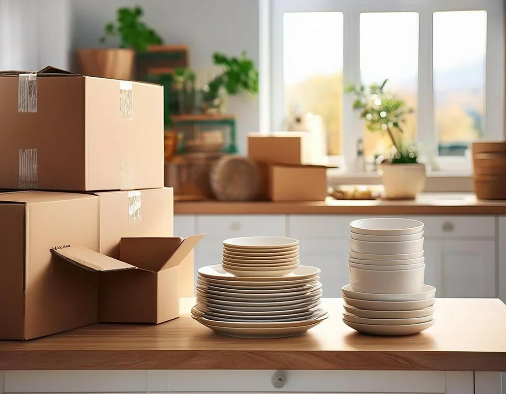 Professional kitchen packing by Happy Healthy Home in Des Moines, featuring stacked white dishes and cardboard moving boxes.