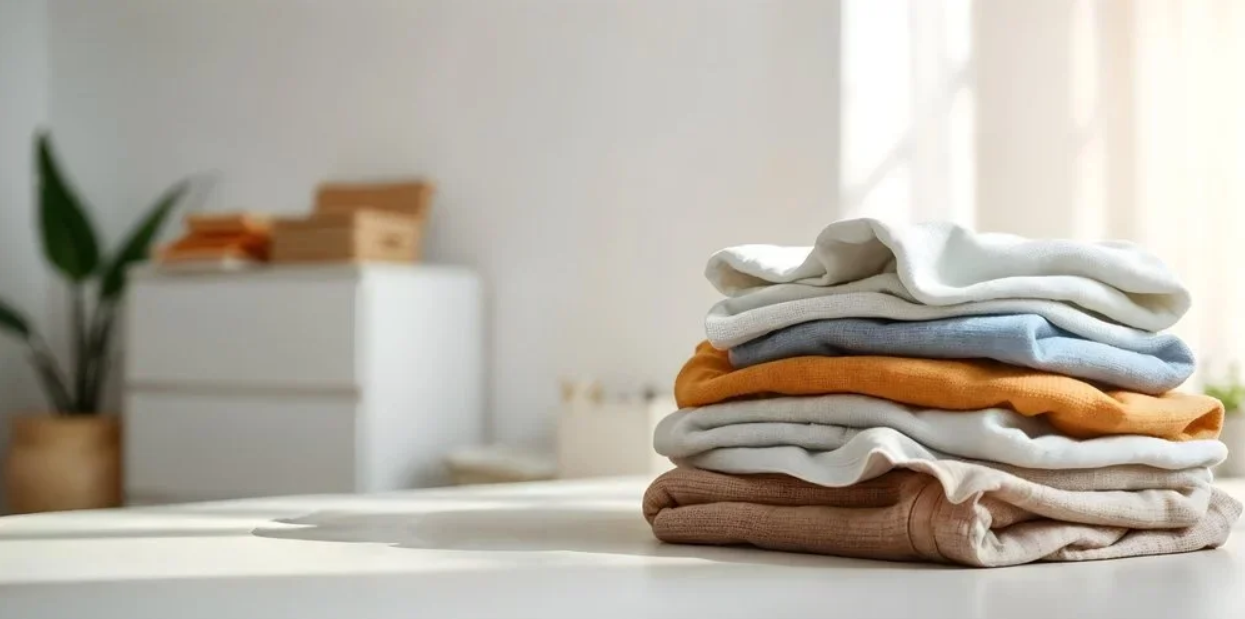 A neat stack of colorful folded clothes on a table, showcasing professional laundry organization by Amy Louise Organizing in Chicago.