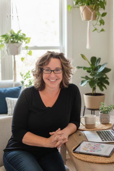 Professional organizer Michele Perry, founder of Michele Makes Space, smiling at a wooden desk in a bright, plant-filled home office in Columbus, OH.