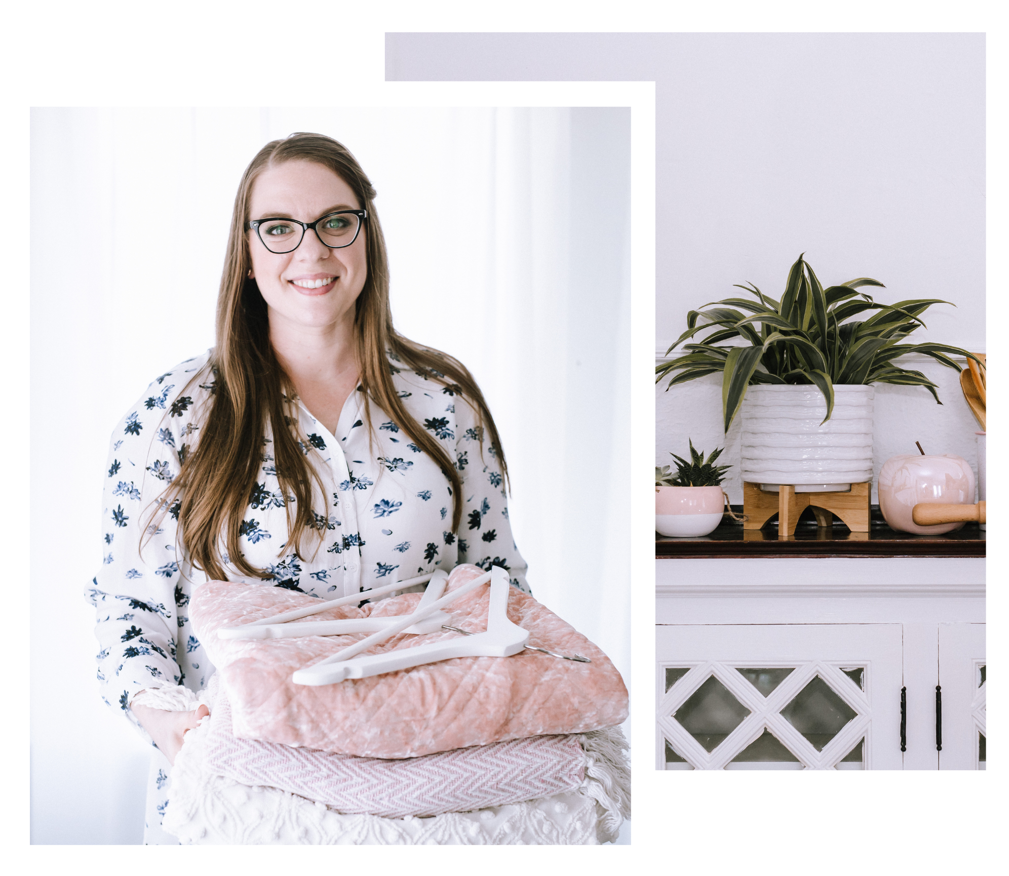 Professional organizer holding pink blankets and white hangers near an organized home shelf.