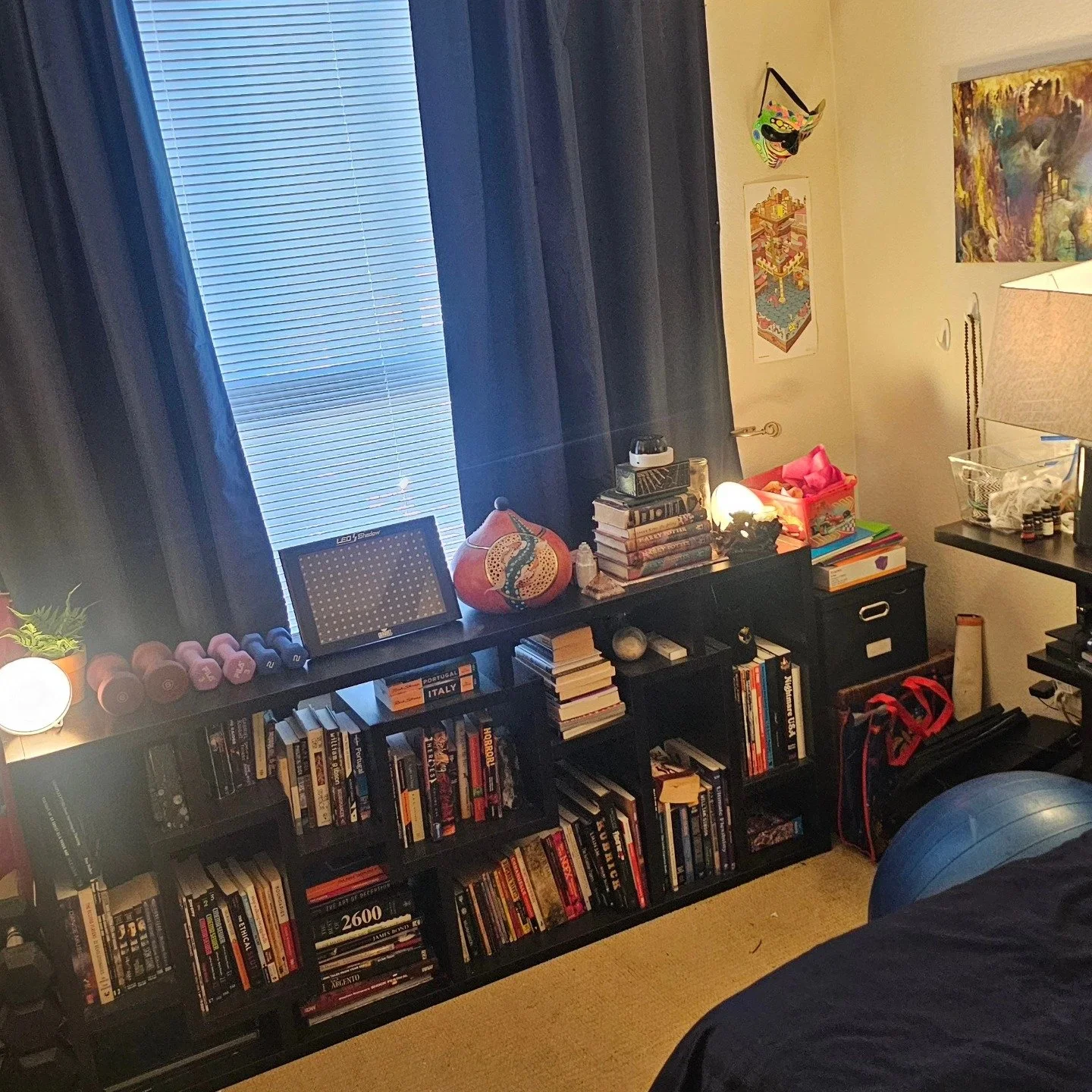 A cluttered black bookshelf filled with books, weights, and decor in a home office.
