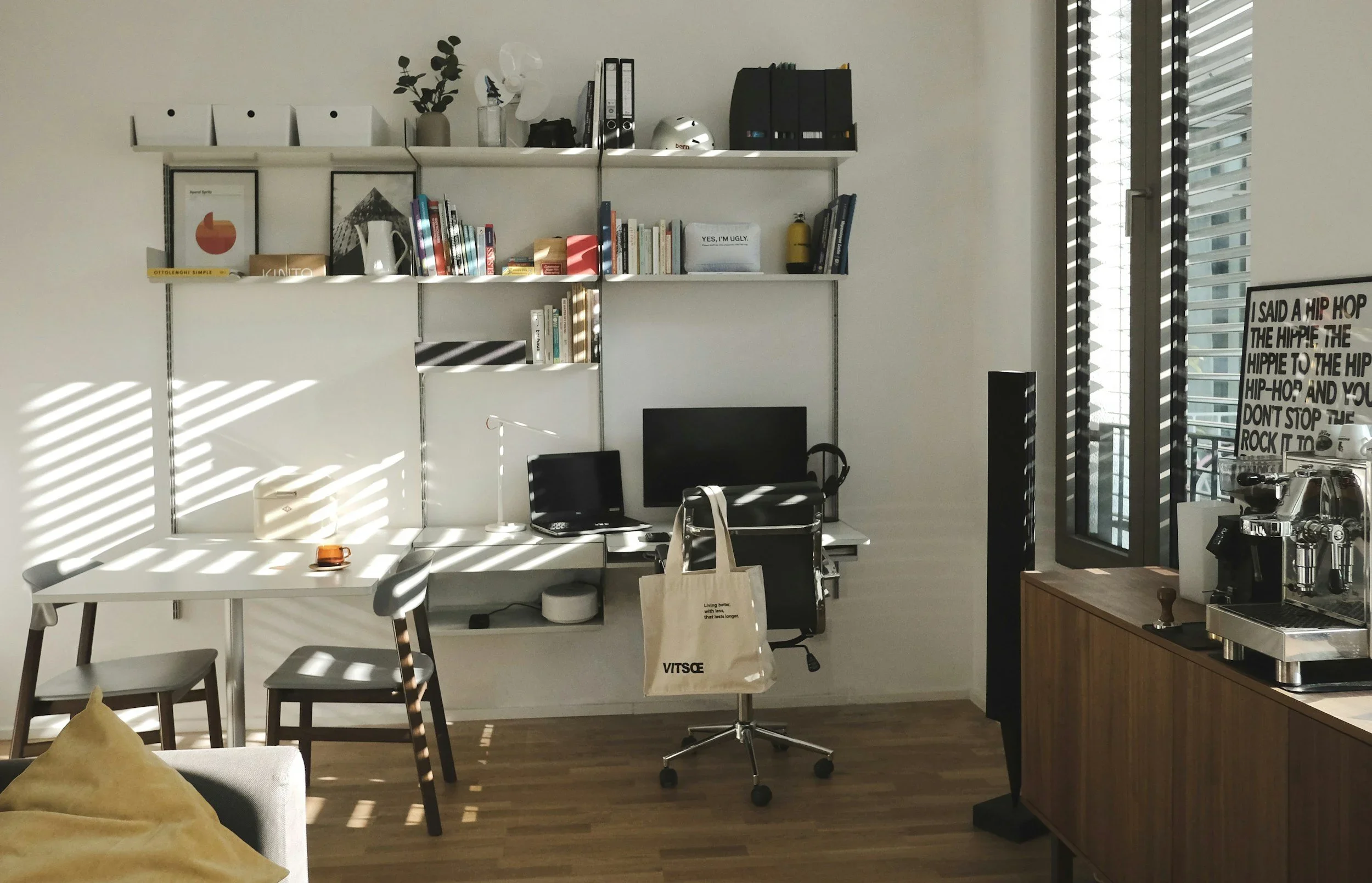 Professional home office organization by Endlessly Organized Now in Southlake, featuring a modern Vitsœ shelving system and a minimalist desk setup.