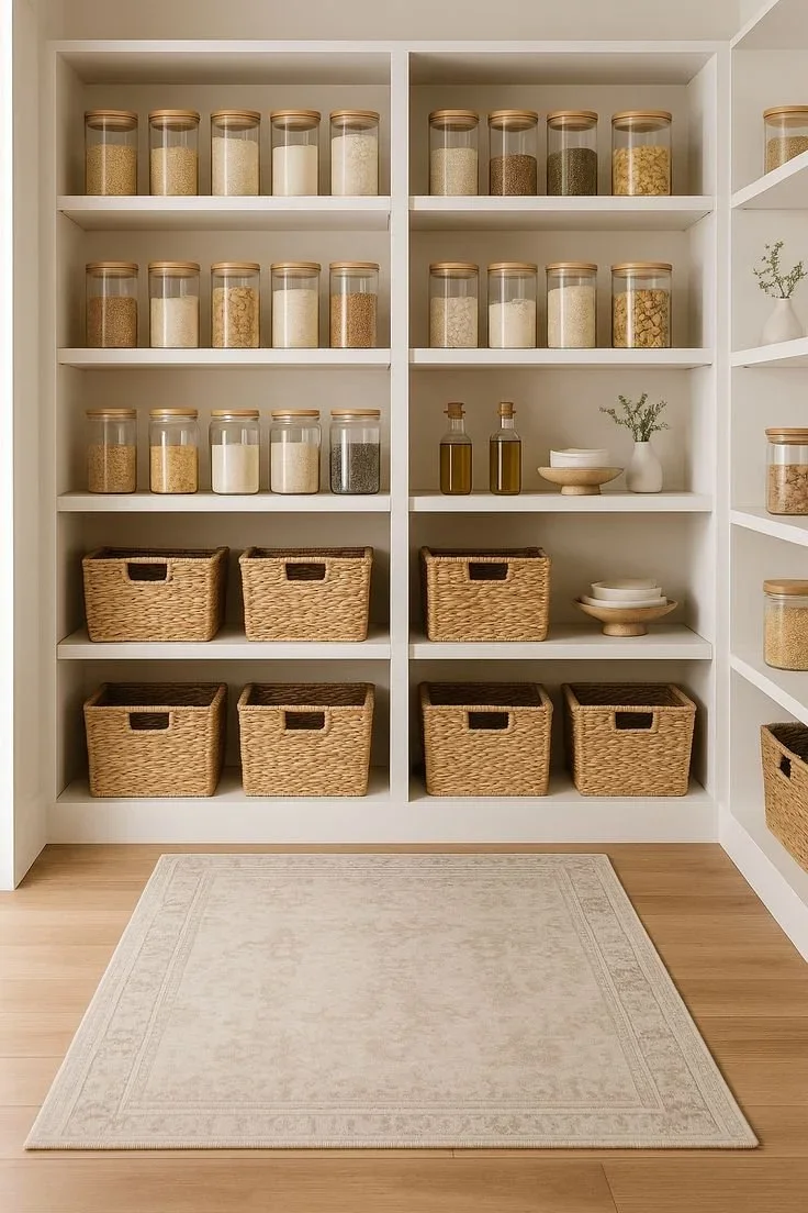 A bright walk-in pantry by Divine Organization with white shelves, uniform glass jars, and woven storage baskets.