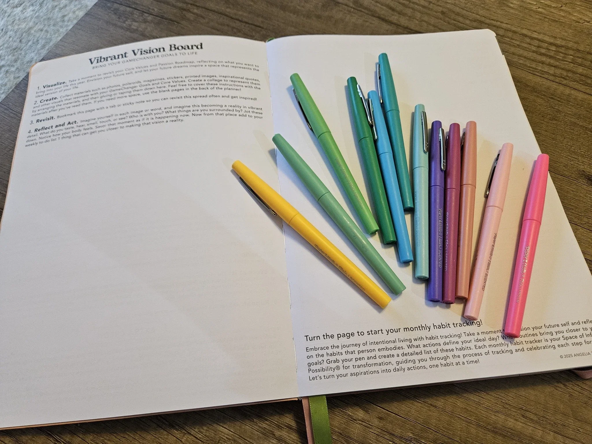 A vibrant vision board and monthly habit tracker page in an open journal with colorful felt-tip pens.