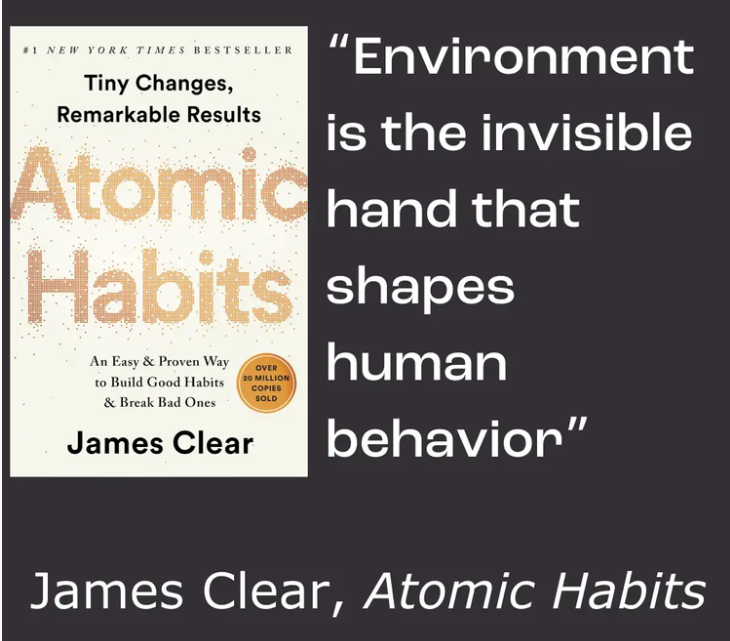 Atomic Habits book cover by James Clear with the quote: 'Environment is the invisible hand that shapes human behavior.
