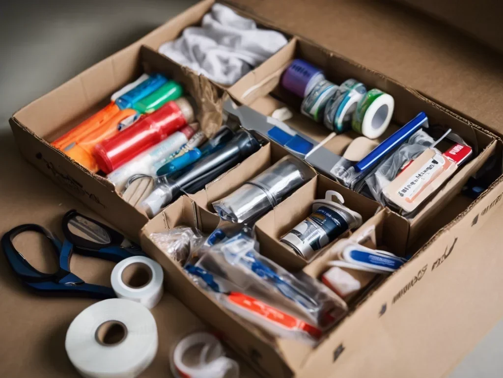 Hand-crafted cardboard dividers organizing scissors, tape, and office supplies in a drawer.
