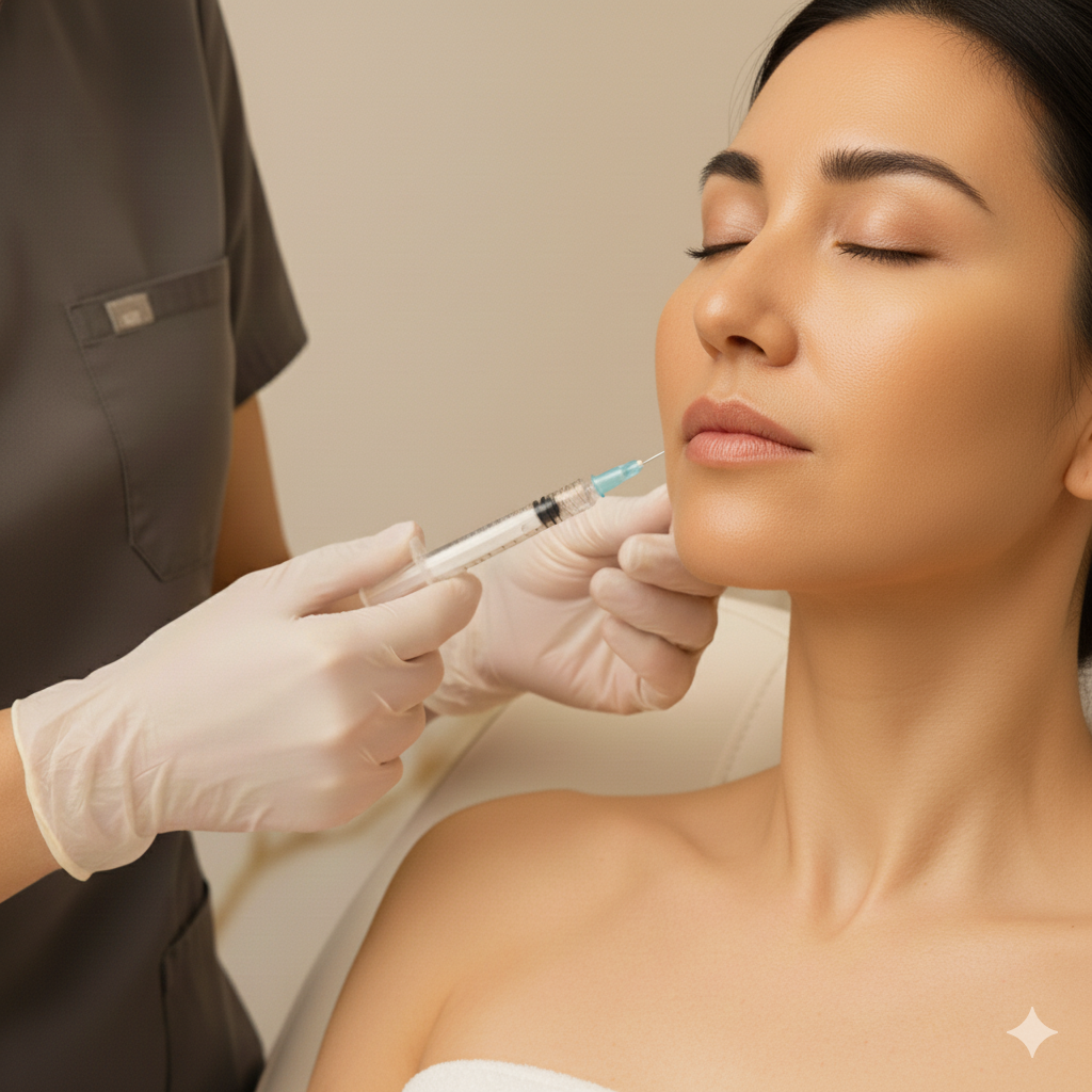 A woman is receiving a cosmetic injection from a healthcare professional wearing gloves in a clinical setting.