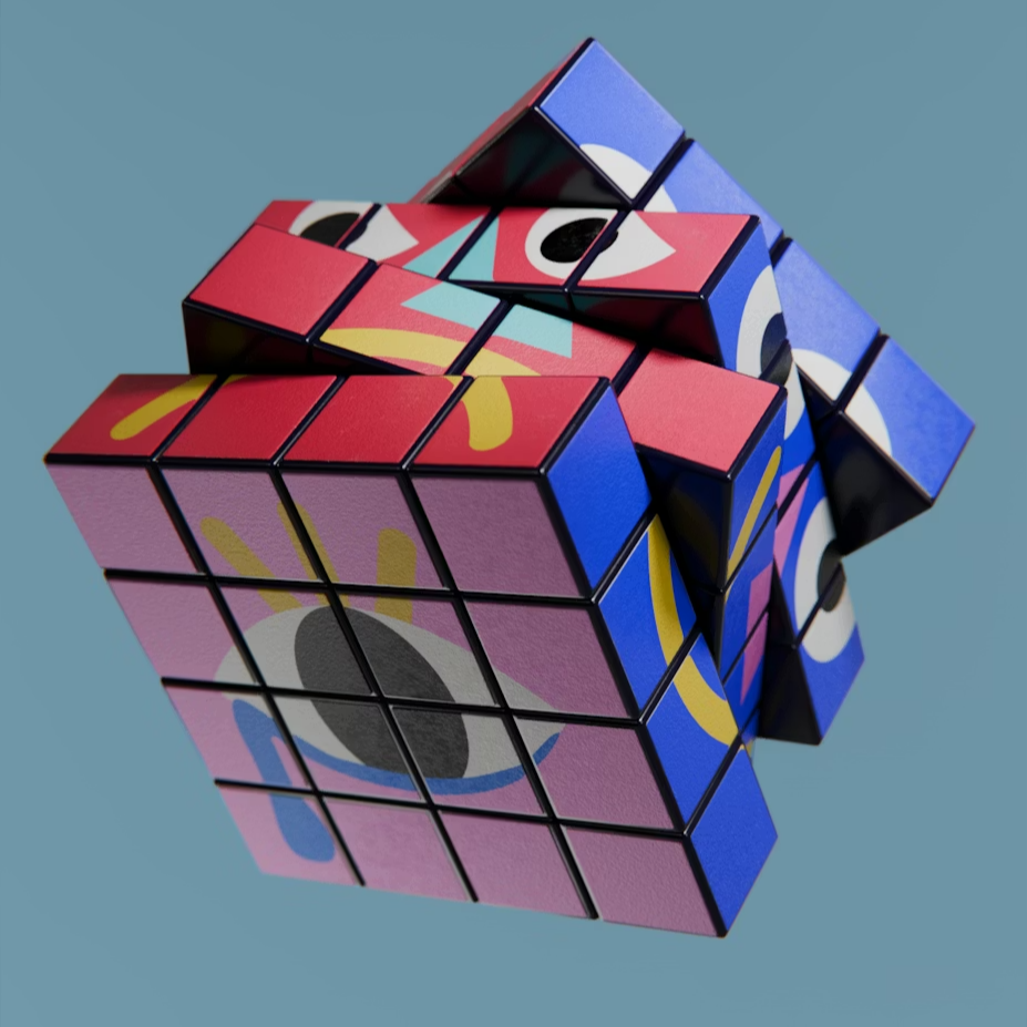a rubik's cube type puzzle with a face and eye on either side, slightly askew