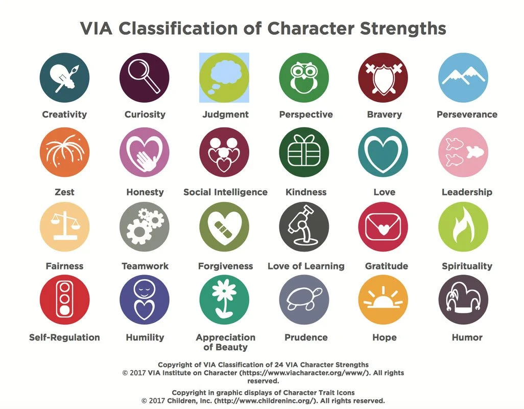 The 24 strengths: creativity, curiosity, judgement, perspective, bravery, perseverance, zest, honesty, social intelligence, kindness, love, leadership, fairness, teamwork, forgiveness, love of learning, gratitude, spirituality, self-regulation...