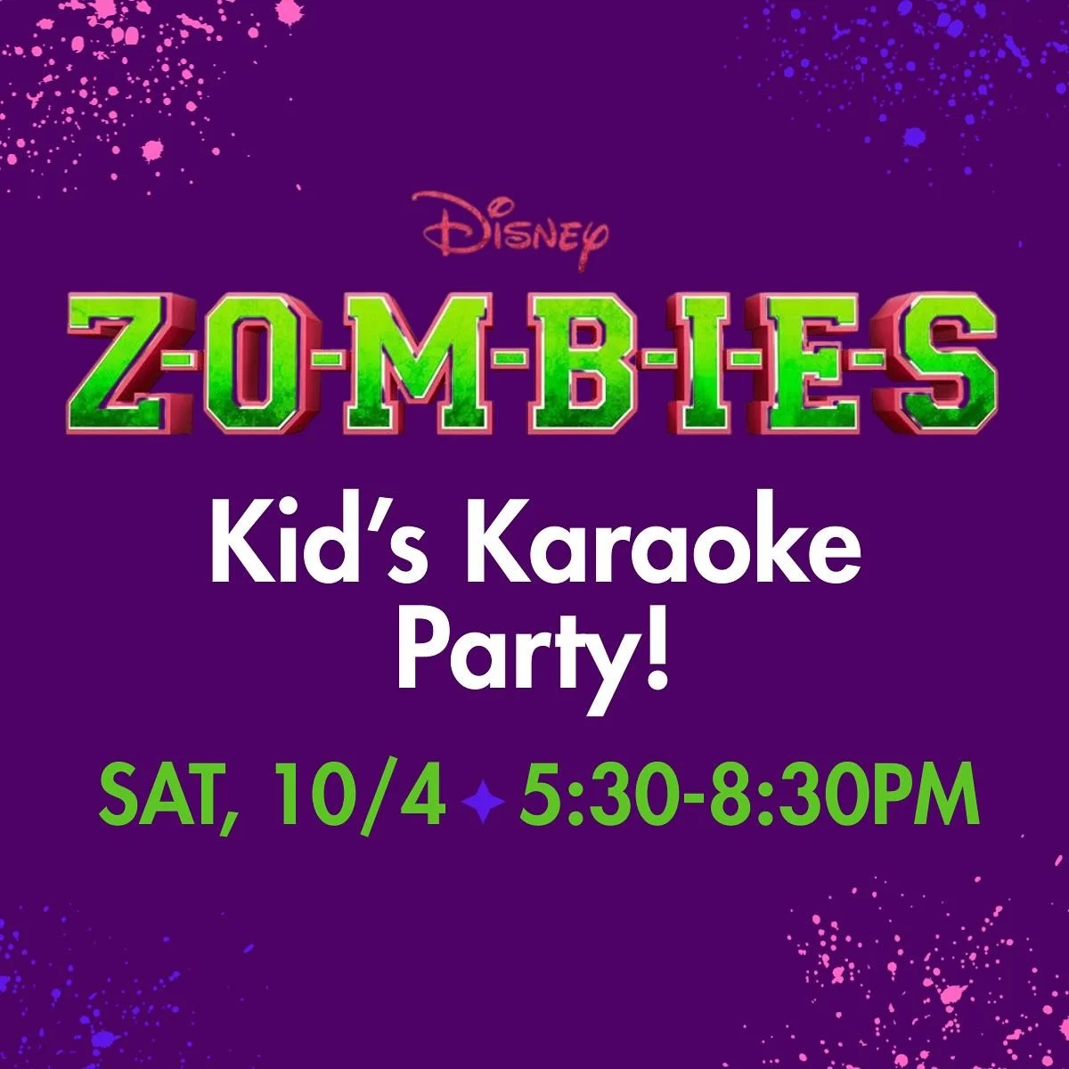 🧟Z-O-M-B-I-E-S &ndash; Kids Karaoke Party / Parent&rsquo;s Night Out🎤

Kids, grab the mic&mdash;it&rsquo;s your turn to take the stage! This month&rsquo;s karaoke night is all about Disney&rsquo;s Z-O-M-B-I-E-S. Sing solos, team up with friends, an