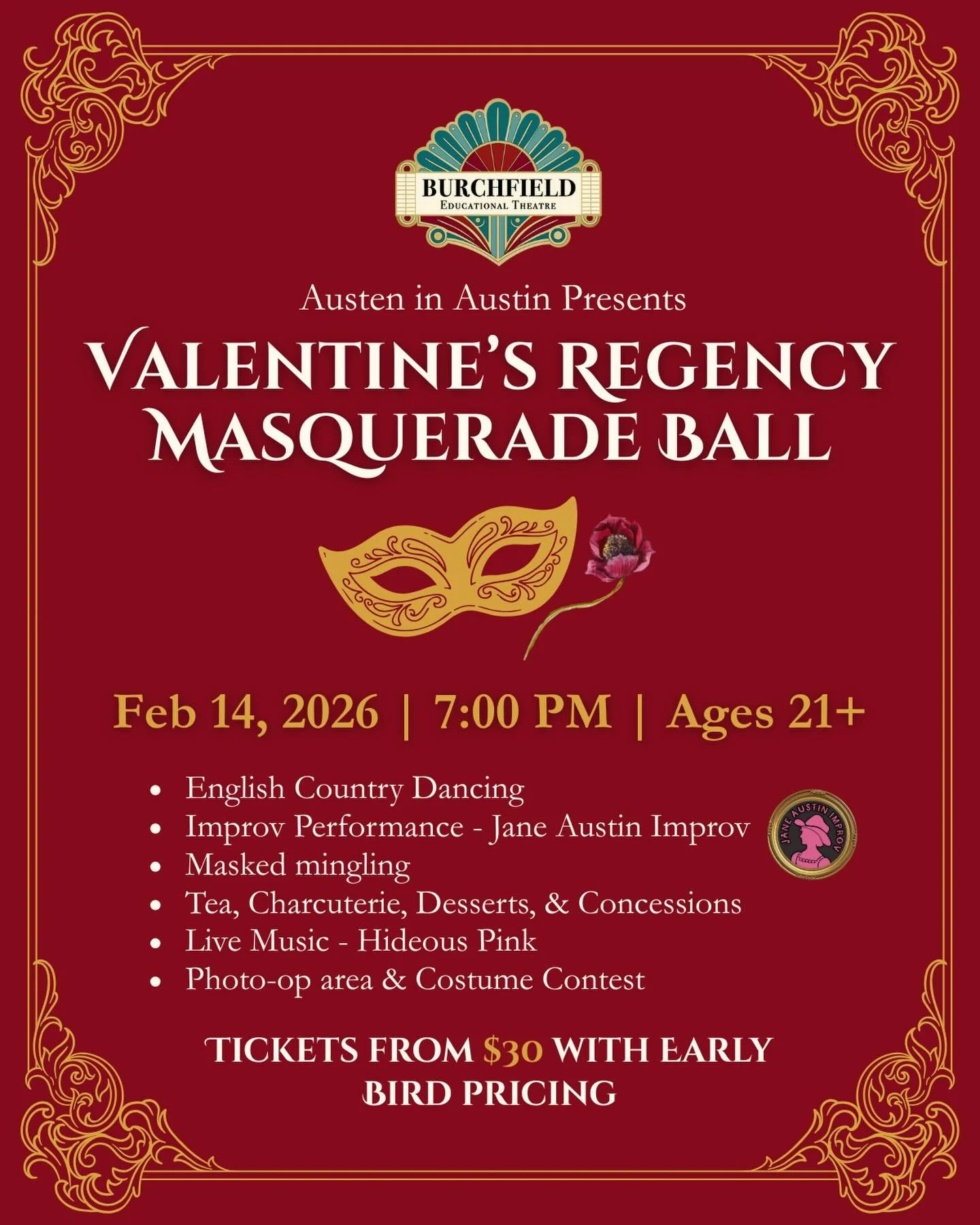 🎭🌹Valentine&rsquo;s Regency Masquerade Ball 
Dancing &bull; live music &bull; improv by @janeaustinimprov &bull; tea &amp; charcuterie &bull; costumes &amp; mask 

📅 Feb 14, 2026
⏰ Doors 6:45 PM | Begins 7:00 PM
🎟️ Tickets from $30 (Early Bird av