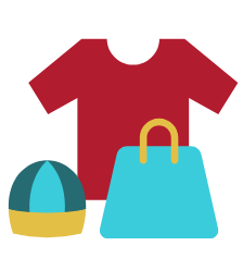A red t-shirt, a blue beach ball with a yellow stripe, and a blue handbag with yellow handles.