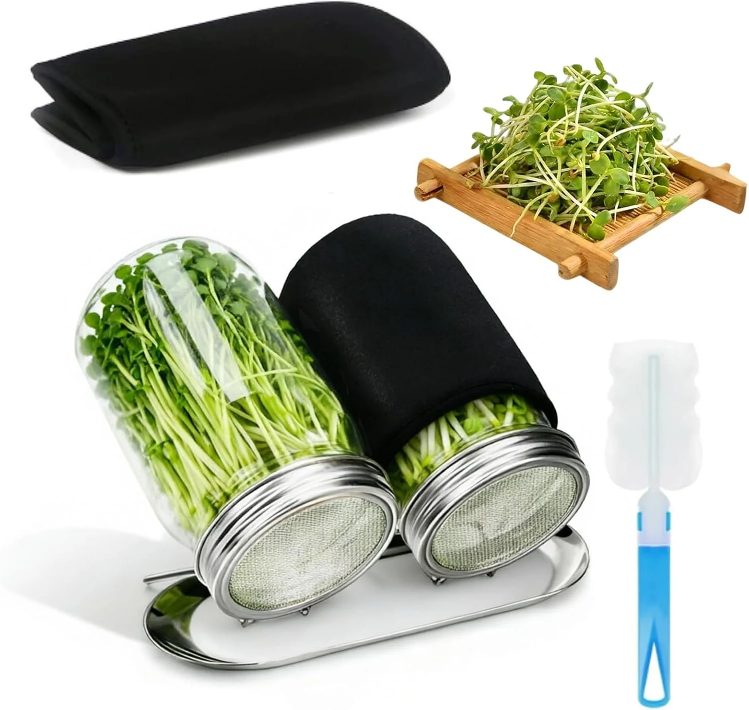 Sprouting jar kit with two wide mouth mason jars and stainless steel sprouting lids