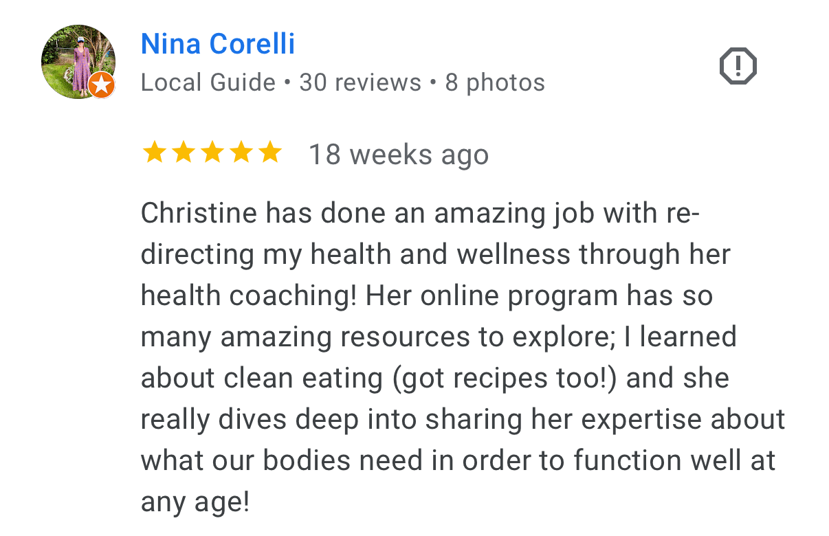 Five-star Google review from Nina Corelli praising Christine Despres's health coaching and online program