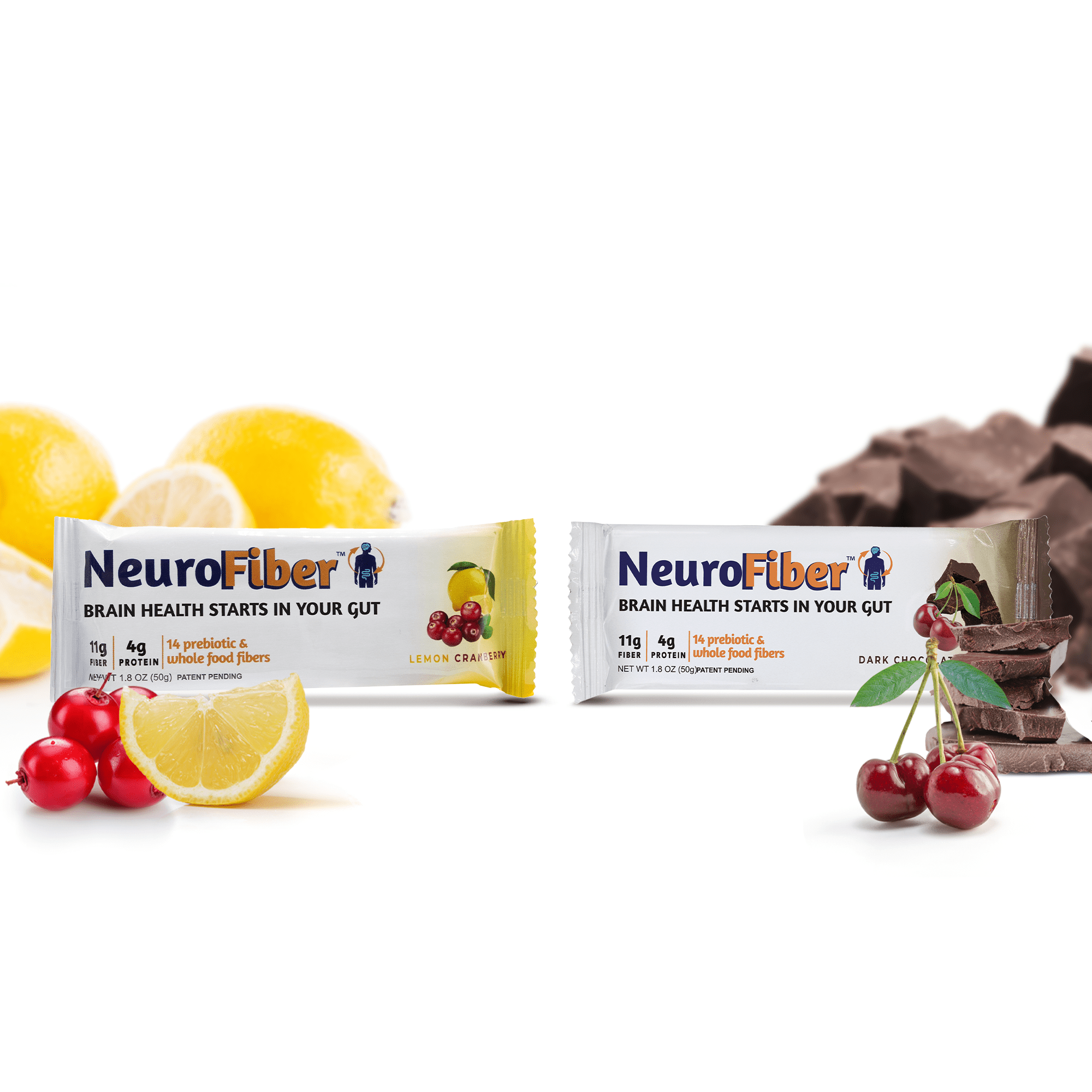 NeuroFiber prebiotic fiber bars mix box in lemon cranberry and chocolate cherry