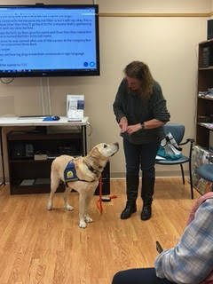 A woman in a room with a guide dog wearing a harness. She is giving a command or treat to the dog. There's a large screen displaying text in the background and chairs around the room.