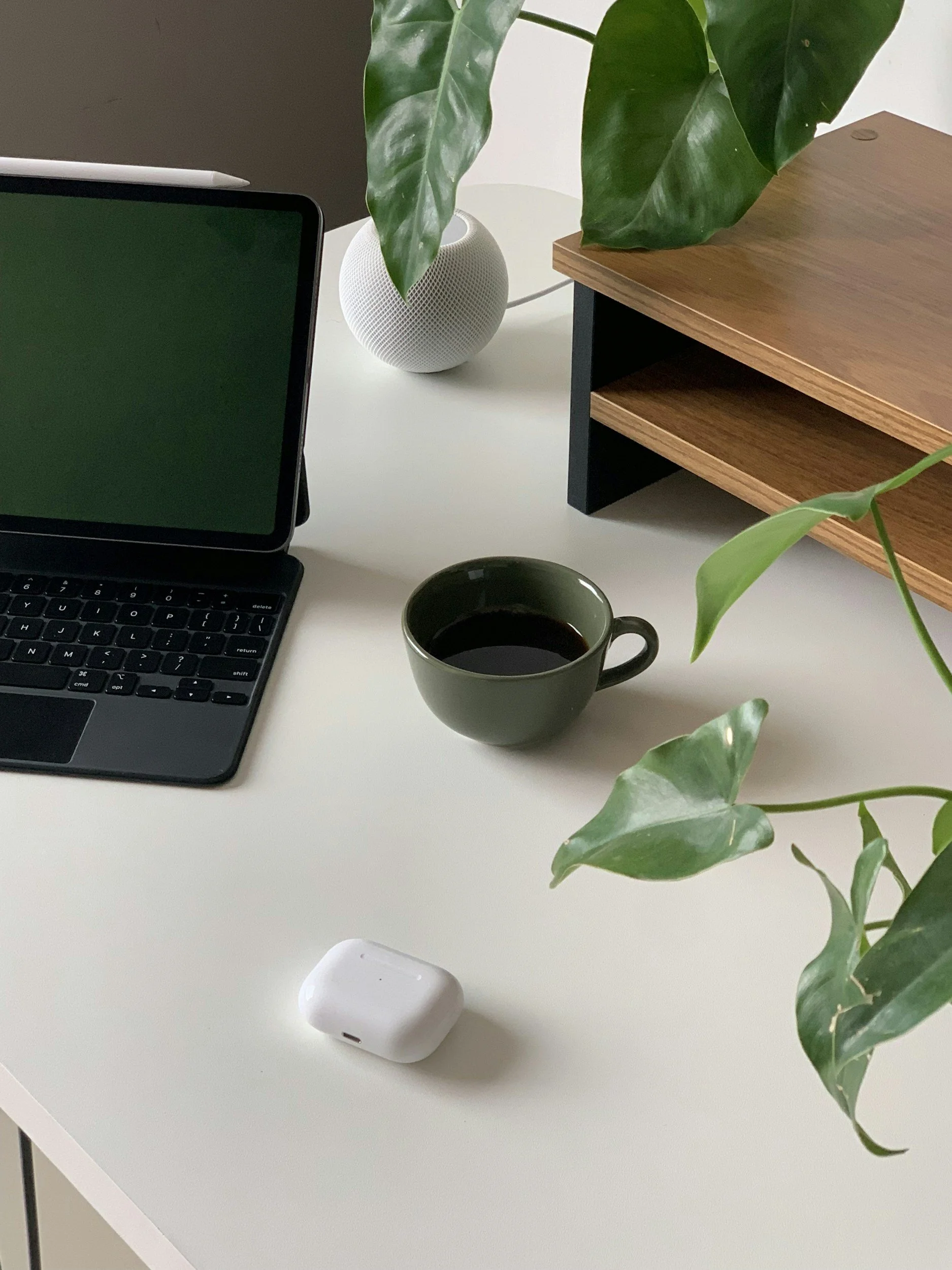 A white desk holding a laptop with a stylus, a small pot with a large leafy plant, a dark green coffee mug filled with coffee, a white wireless earbud case, and a wooden shelf. There is also a white speaker behind the plant.