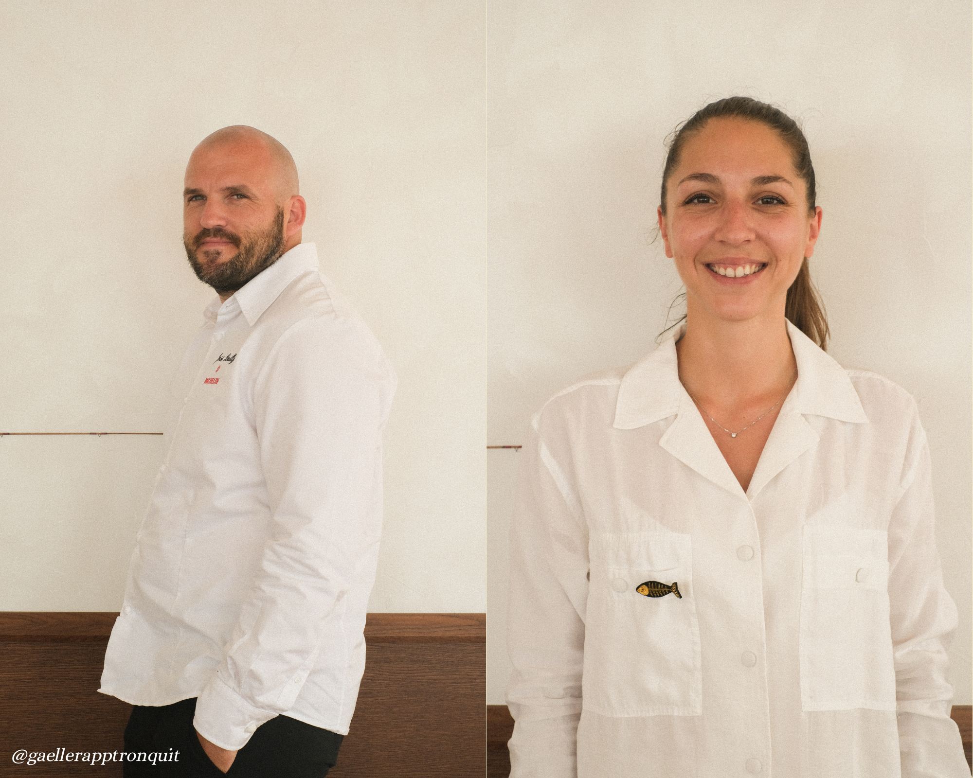 Side-by-side photos of a man and a woman dressed in white chef's uniforms, standing against a plain light-colored wall. The man has a beard and is looking slightly to the side, while the woman is smiling directly at the camera, with a fish-shaped pin