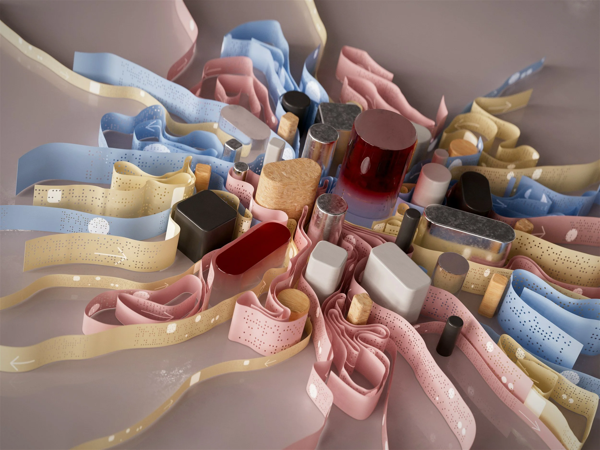 Abstract art with colorful ribbons and geometric shapes.