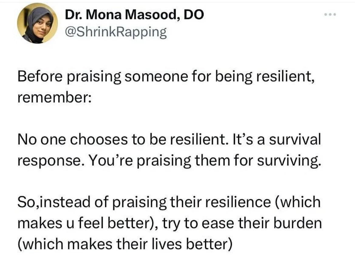 I love this reminder from @shrink.rapping . Think of how you can ease trauma survivors burdens- not just call them resilient. Most of us resent the things that have happened to us to make us resilient. 

#californiatherapist #losangelestherapist #san
