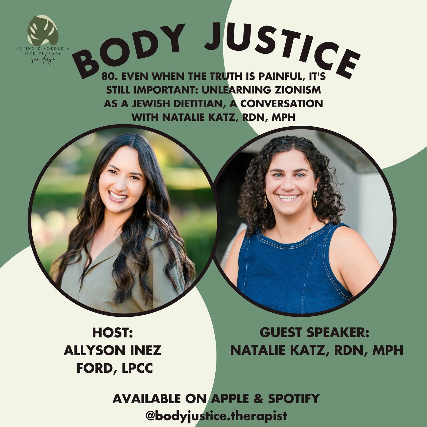 Episode 80 of Body Justice out now! I&rsquo;m so grateful for Natalie (founder of @feedingyoursoulnutrition ) for sharing her lived experience with unlearning and divesting from Zionism. Natalie is a Jewish eating disorder dietitian and a dear friend