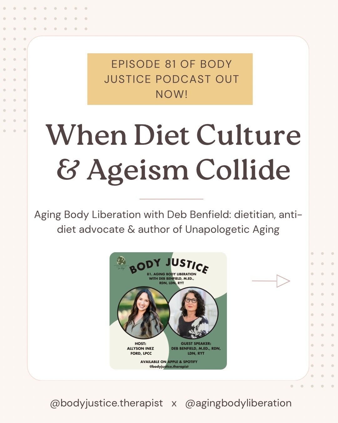 Absolutely loved this convo with @agingbodyliberation ✨ I so admire the counter narrative Deb puts out into the world in her book, Unapologetic Aging. Listen now on Apple, Spotify or wherever you get your podcasts! We unpack the ways ageism and diet 