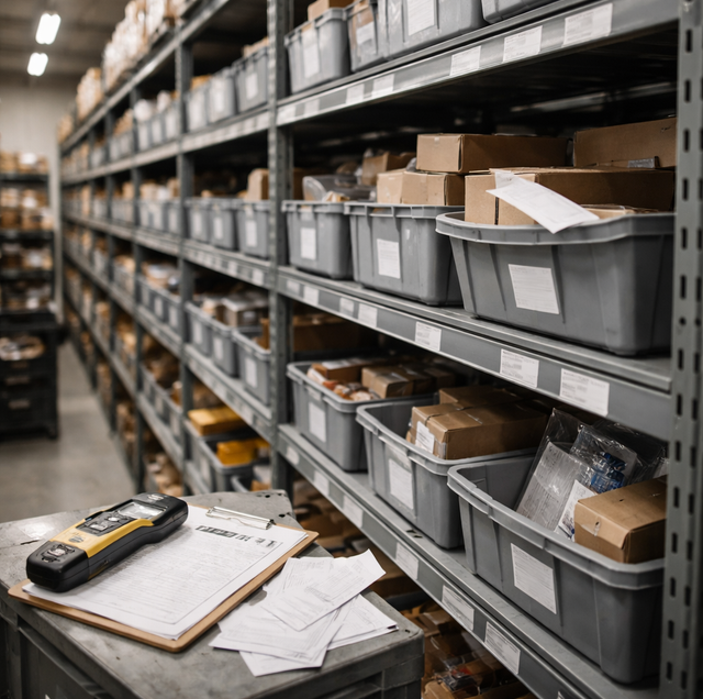 warehouse worker scanning barcode next to stacked inventory pallets