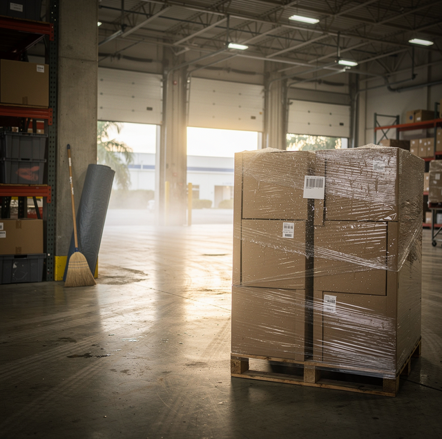 Wrapped boxes on a wooden pallet in a warehouse with windows, fluorescent lights, and concrete columns.