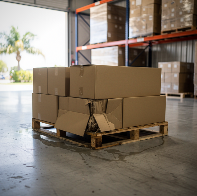 Cardboard boxes stacked on a wooden pallet with plastic wrap in a warehouse with metal shelving.