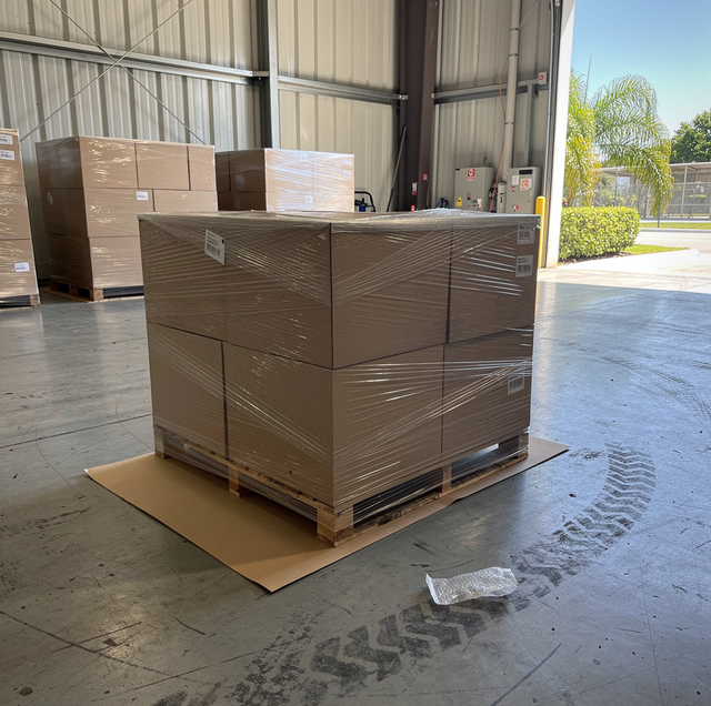 Shrink-wrapped load resting on laminated slip sheet with pull lip
