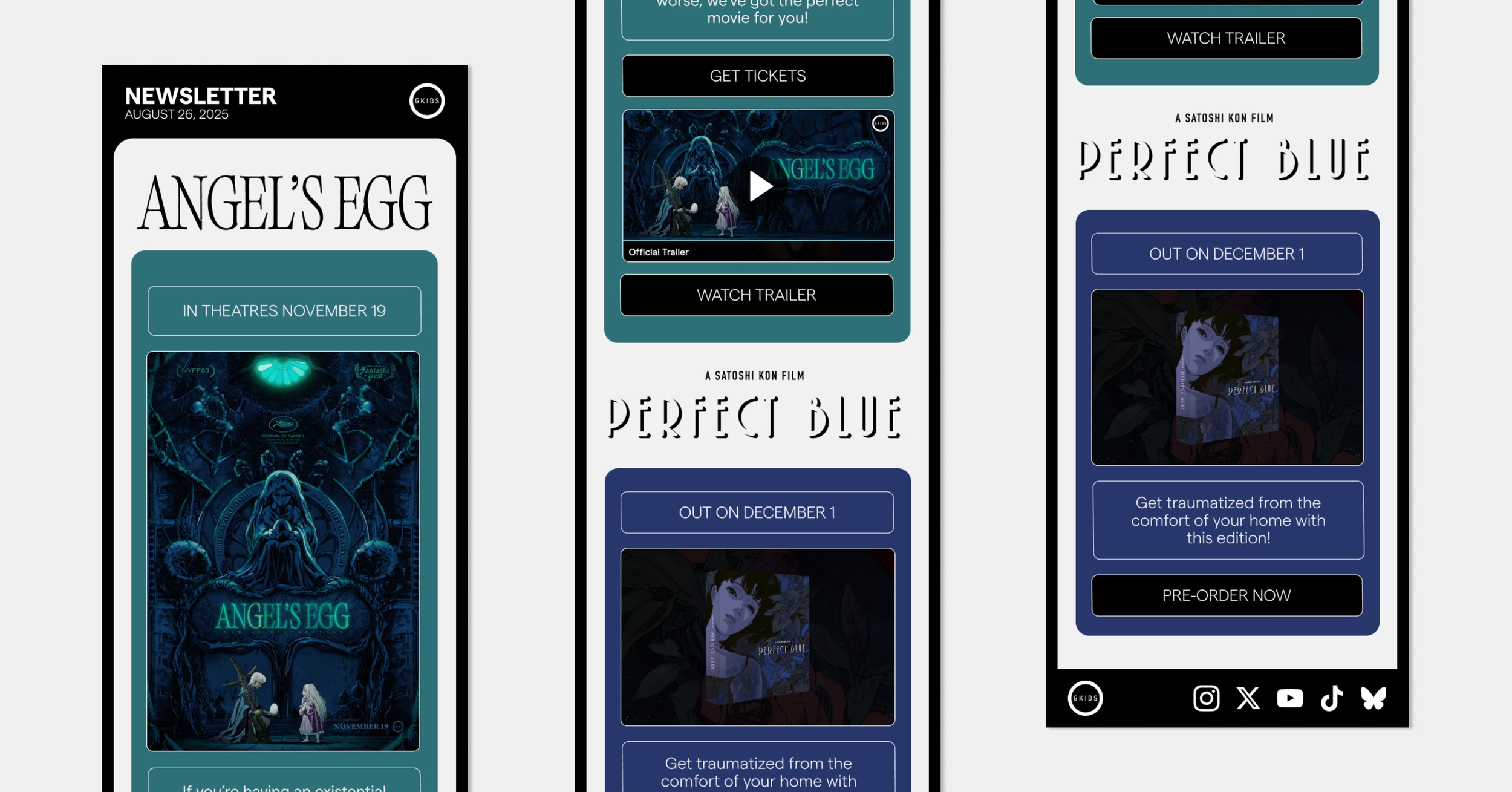 The final template was designed to accommodate multiple dates while keeping the date labels visually distinct from the CTA buttons. Each film section is clearly defined with its own larger colored box, and smaller white-outlined boxes within each sec