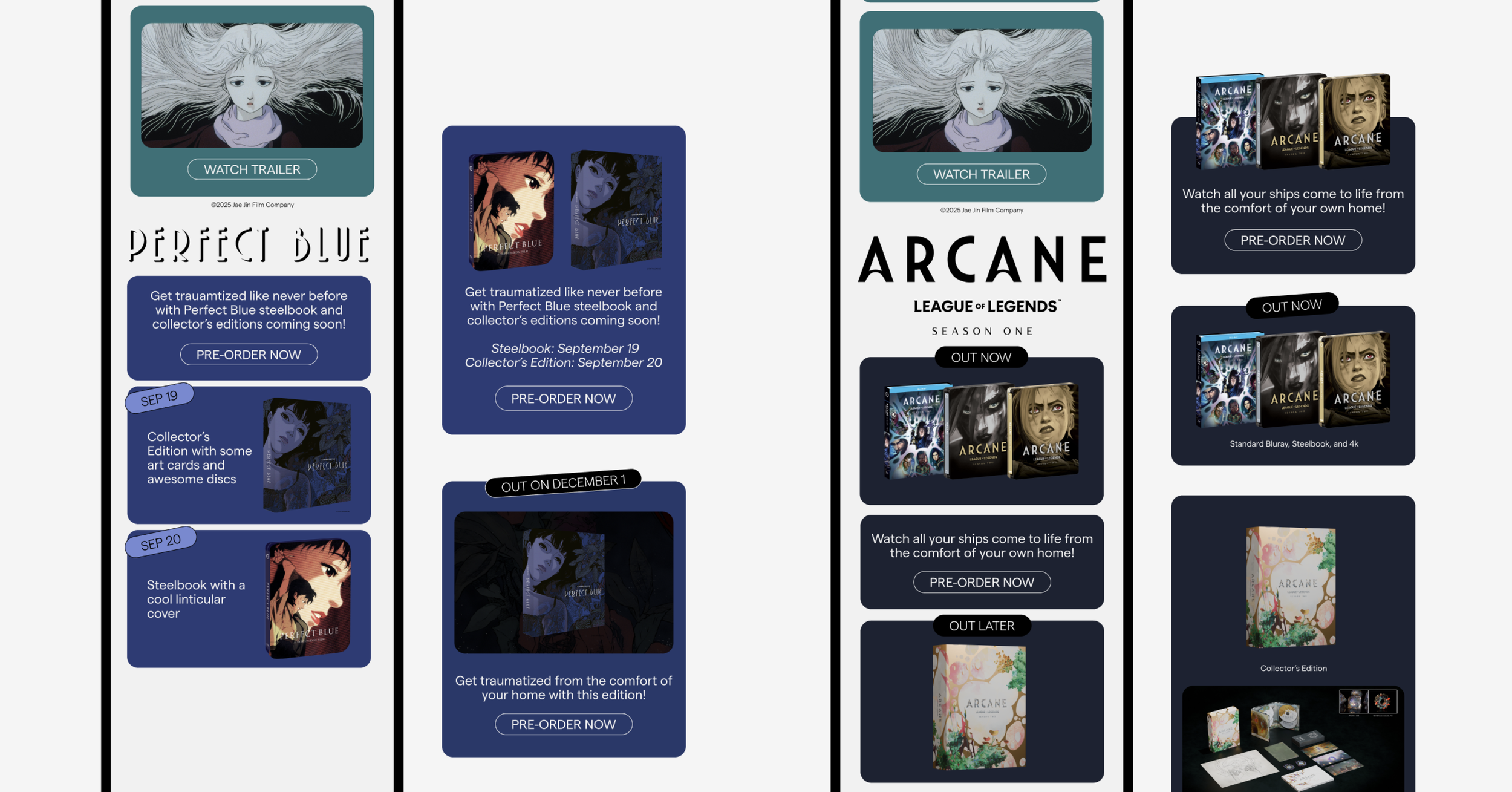 I then focused on refining home video release widgets. Product shots came in all different render styles, and titles could have multiple release dates across different SKUs. I carefully considered how to display multiple home video SKUs, date labels,