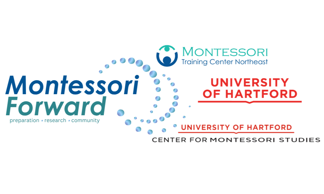 A colorful, stylized logo of the Center for Montessori Studies featuring the names of Montesoril, University of Hartford, and University of Hartford.