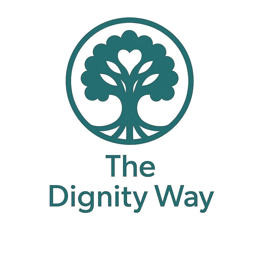 A logo with a stylized tree inside a circle and the text "The Dignity Way" underneath the tree.
