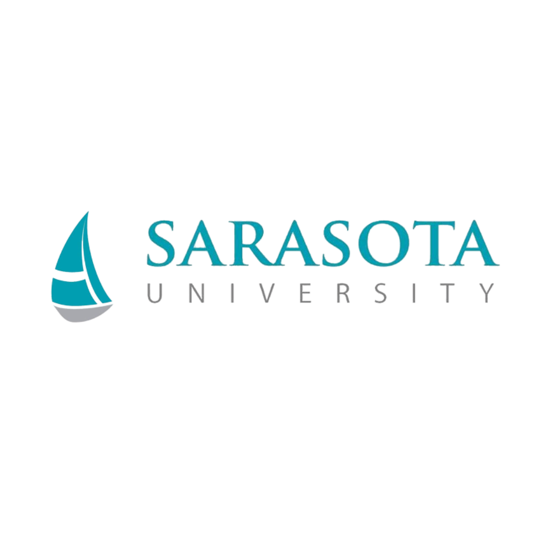 Logo for Sarasotia university with a gradient teal and gray design.