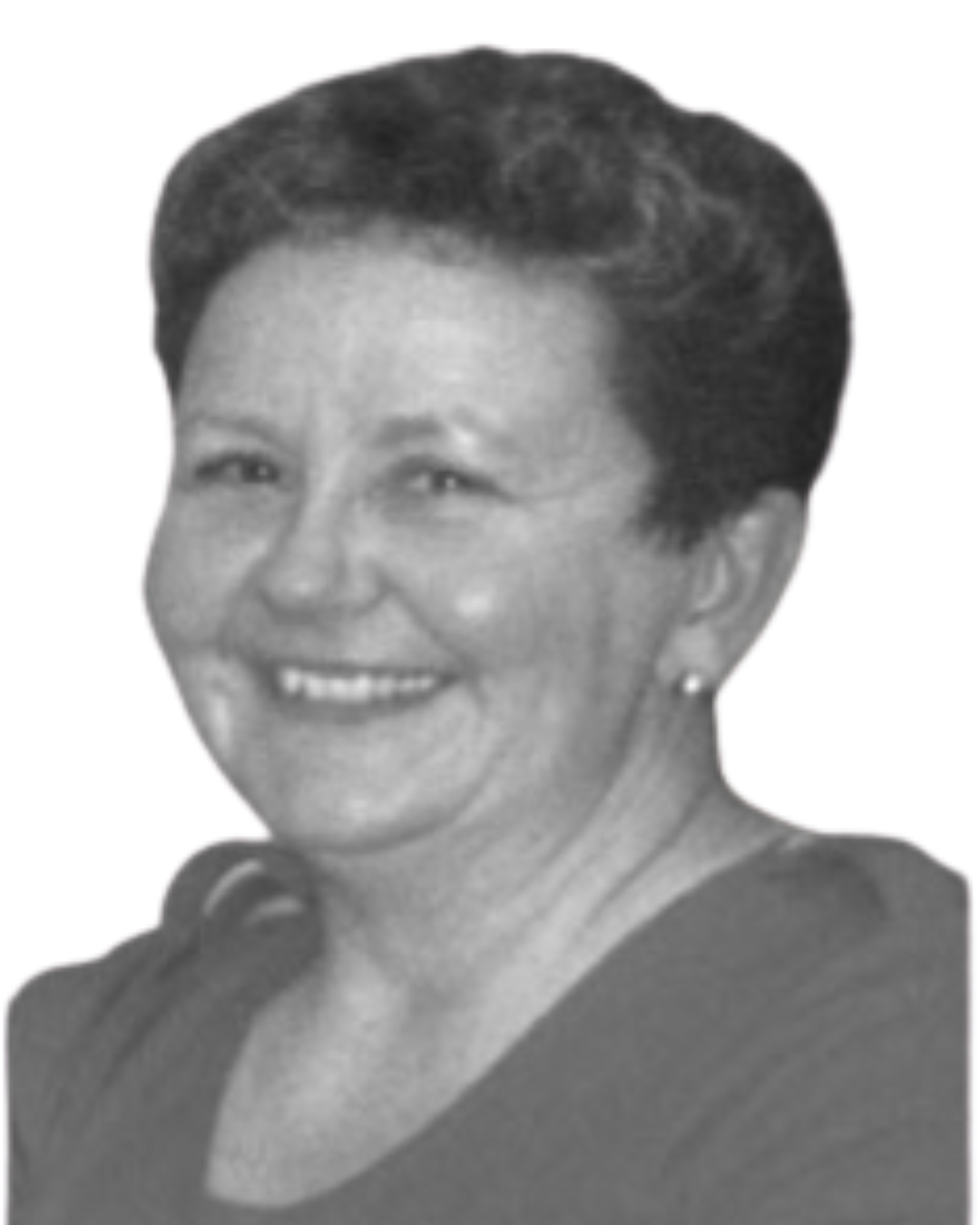 Black and white portrait of a smiling woman with styled hair, wearing earrings and a dark top.