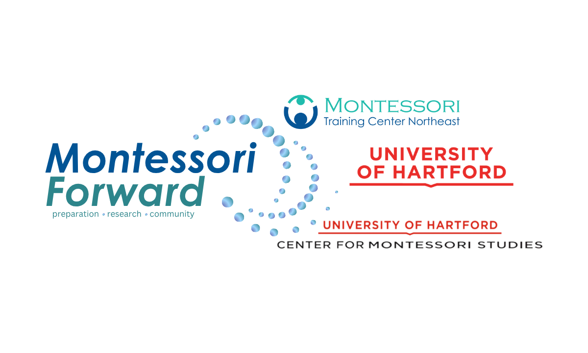 A colorful, stylized logo of the Center for Montessori Studies featuring the names of Montesoril, University of Hartford, and University of Hartford.