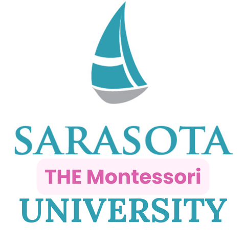 Logo of Sarasota The Montessori University, featuring a blue sailboat with white sail, the university name in teal, and a pink banner with purple text.