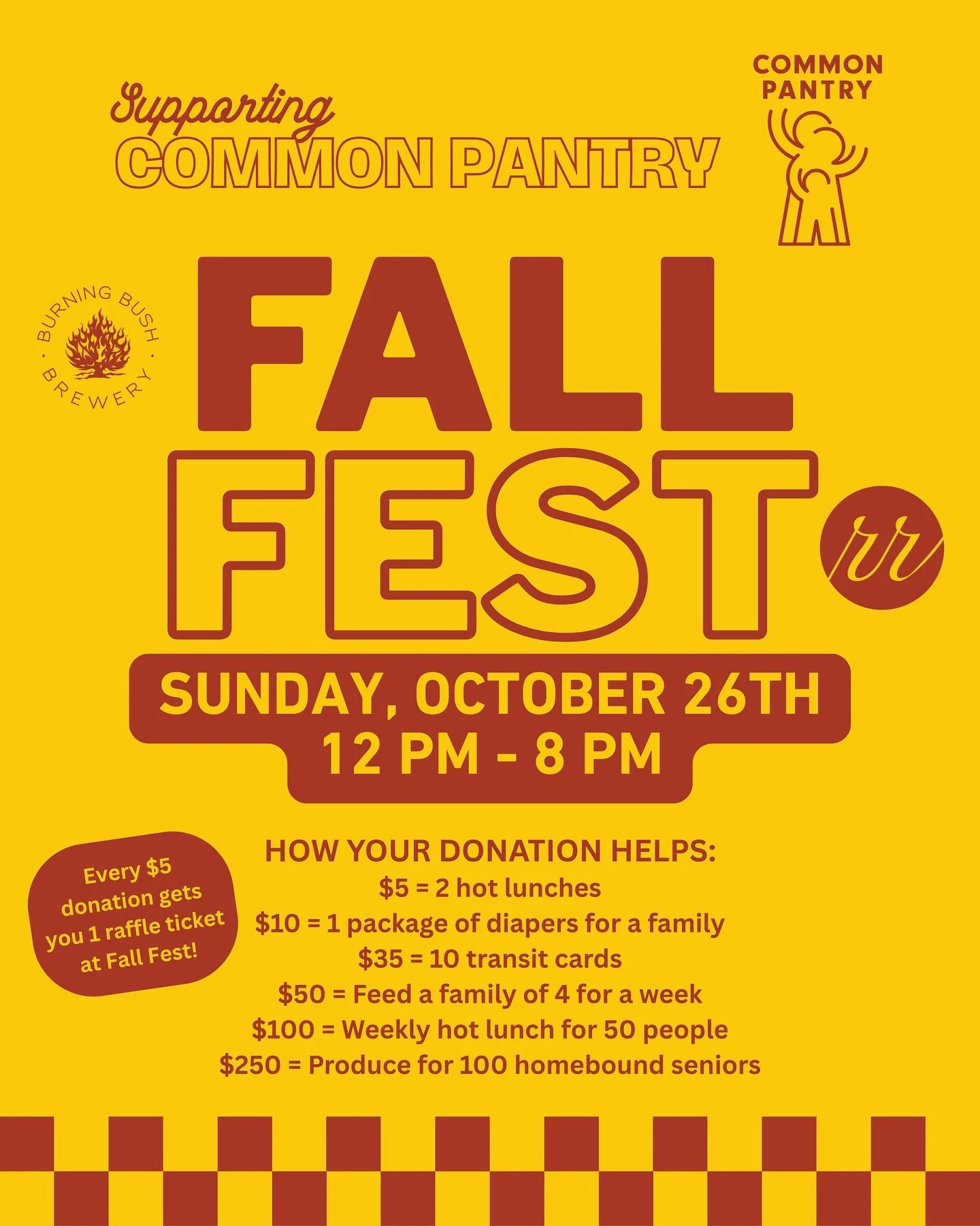 We&rsquo;re so excited to partner with @commonpantry at our upcoming Fall Fest on Sunday, October 26th!

Your suggested donation can provide families with hot lunches, diapers, transit cards and so much more! Every $5 donated to Common Pantry at Fall