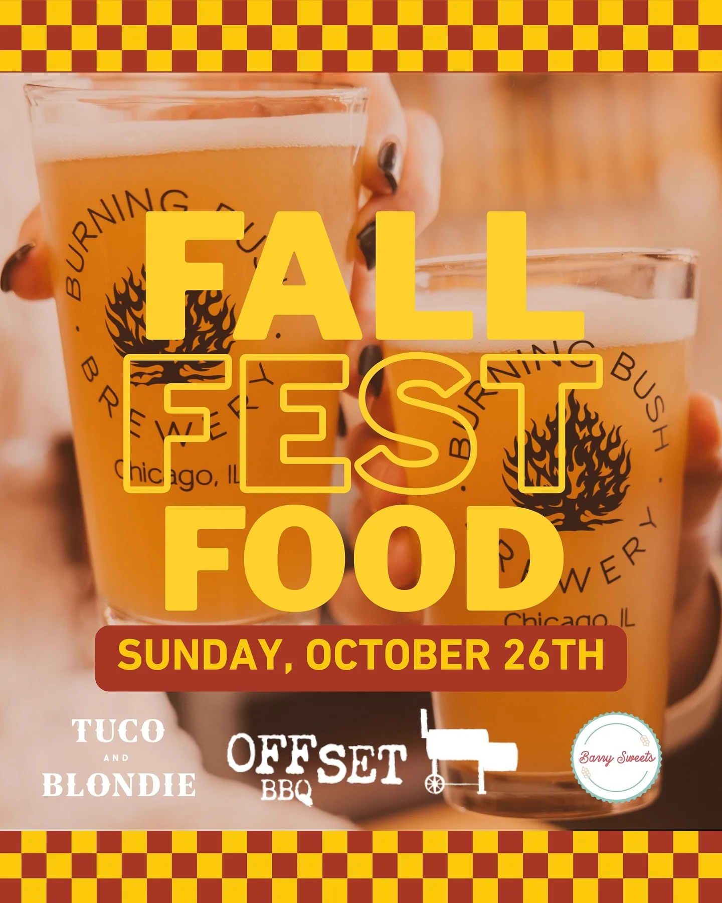 Three more reasons to come to Fall Fest this Sunday, October 26th!

@offsetbbq 
@tucoandblondie 
@barry_sweets 

Come hungry! Food will be served from 12PM - 5PM or until sold out!