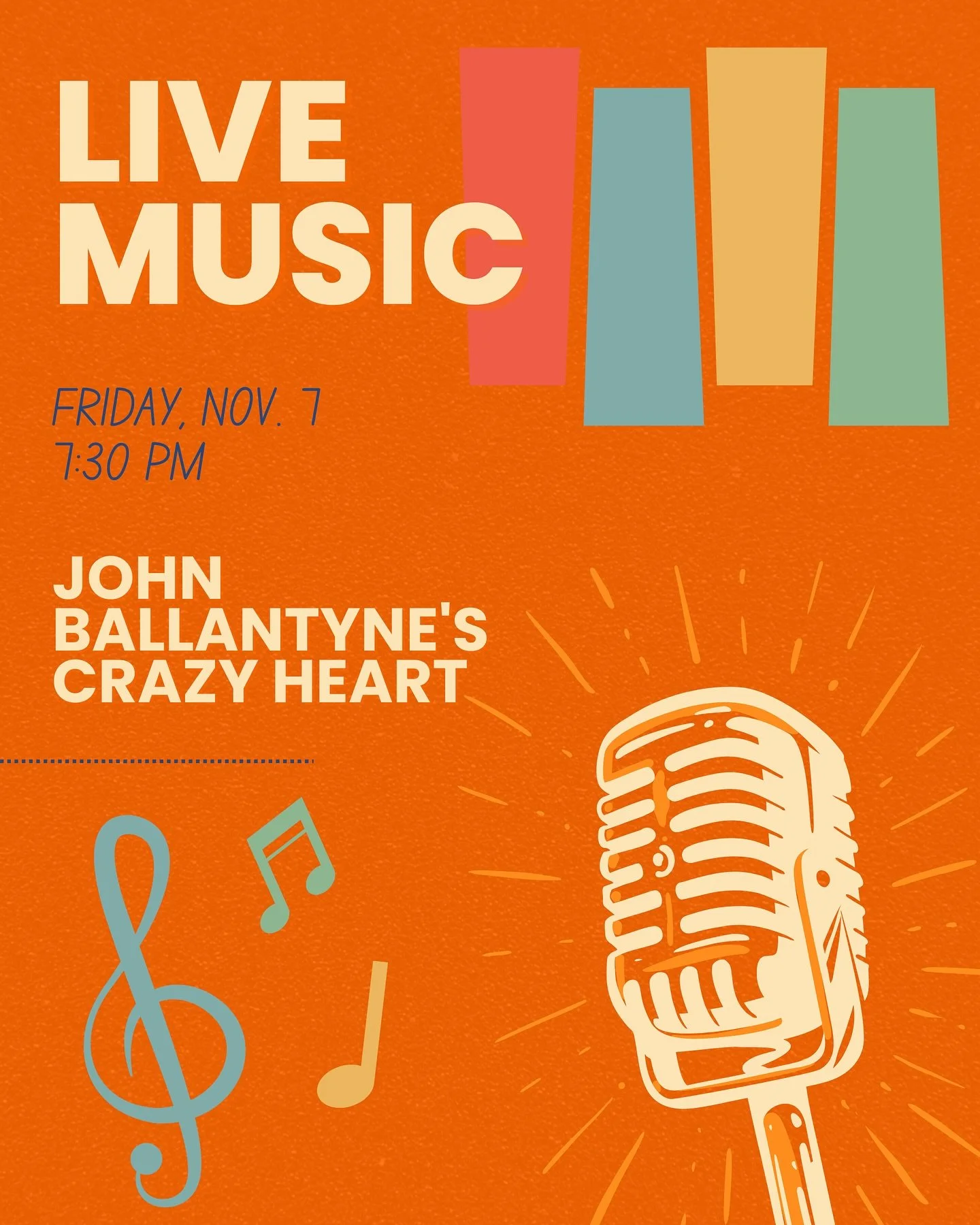 Live Music First Fridays is back this Friday, November 7th with John Ballantyne&rsquo;s Crazy Heart! 🎶