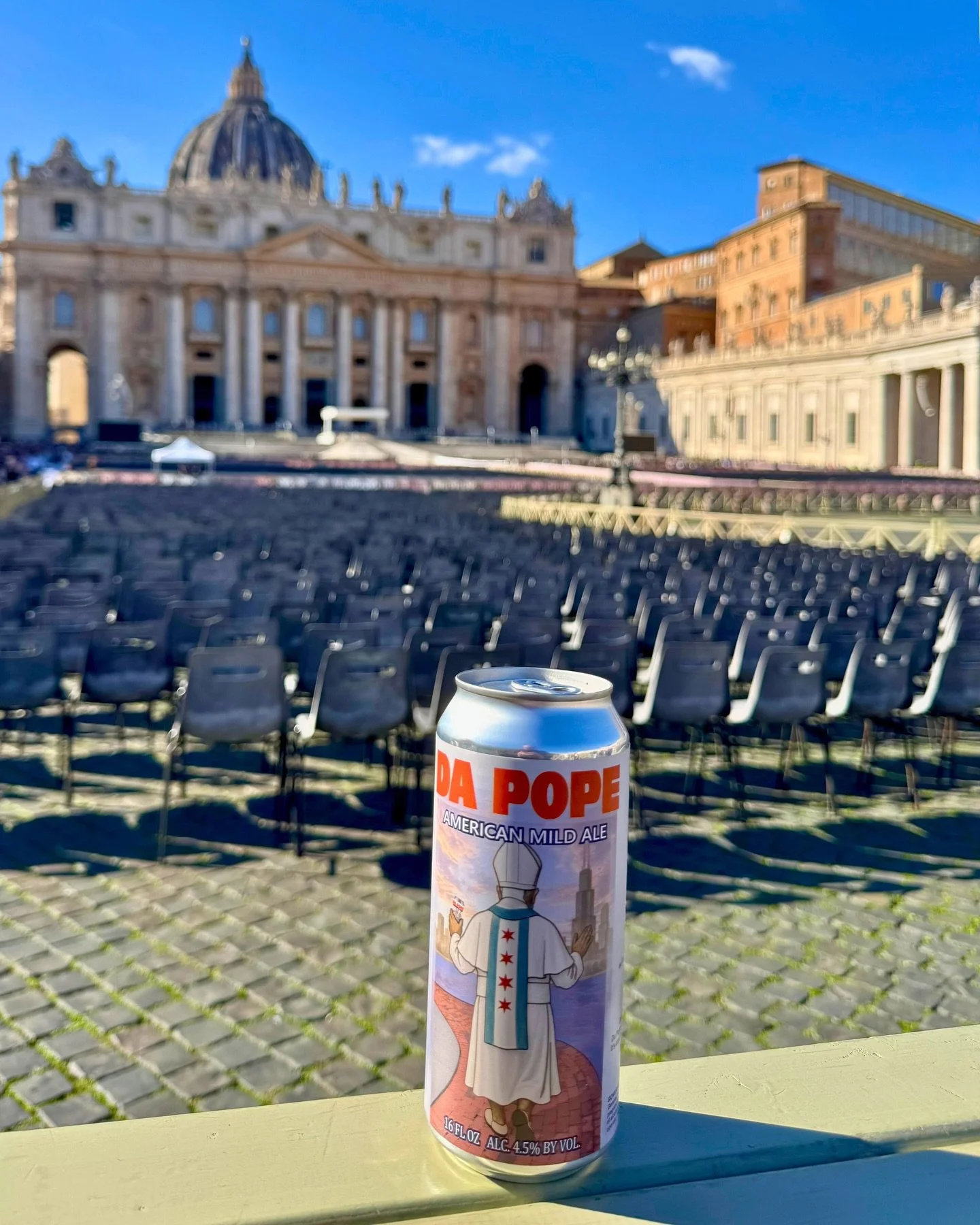 Da Pope recently landed in Rome! ✈️

One of our regulars, Ethan, is a pilot and recently took a trip to Pope Leo&rsquo;s new home. Obviously, he had to pack a can of Da Pope for the trip.

Da Pope is available on draft at the taproom and in 4-packs t