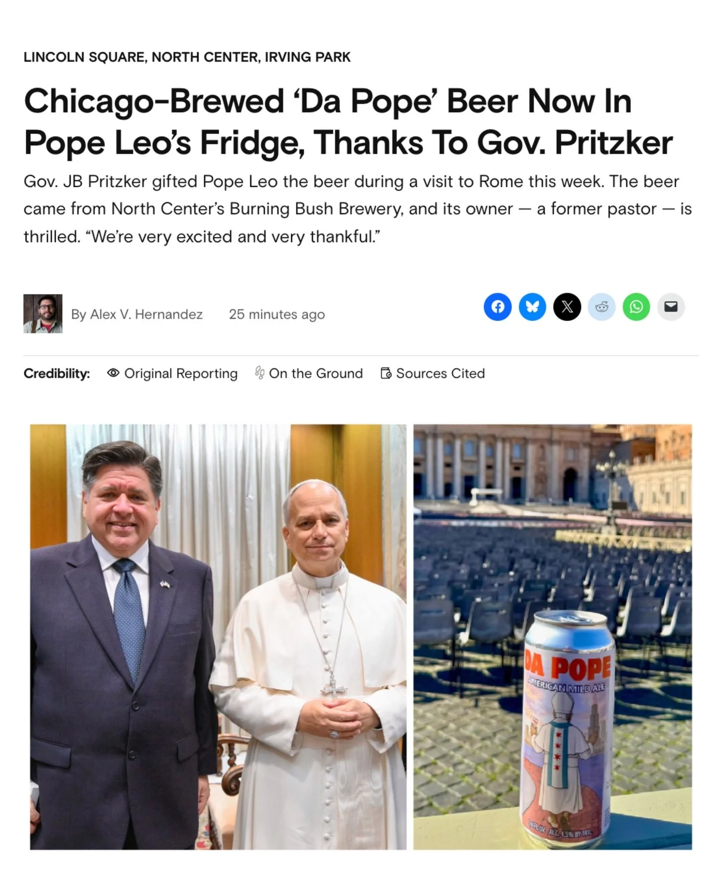 We&rsquo;re very excited and thankful to share that Da Pope is now in Pope Leo&rsquo;s fridge (yes, really!) Governor JB Pritzker gifted Da Pope, our Mild Ale, to Pope Leo himself! We joked early on that we&rsquo;d love to share this beer with the Po