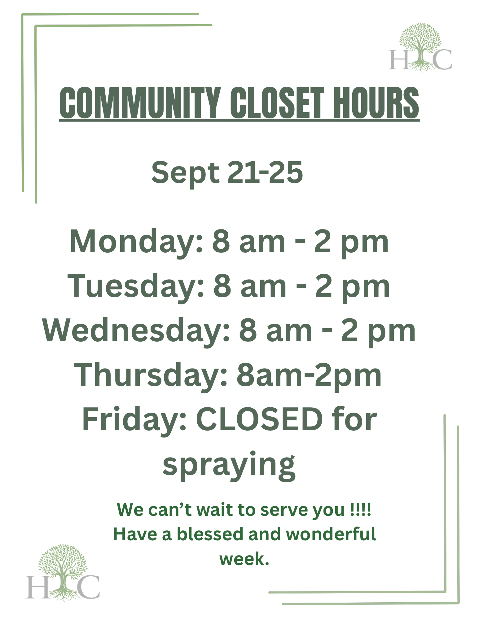 Community Closet Hours sign with schedule and promotional message, featuring a green tree logo in the top right corner and bottom left corner.