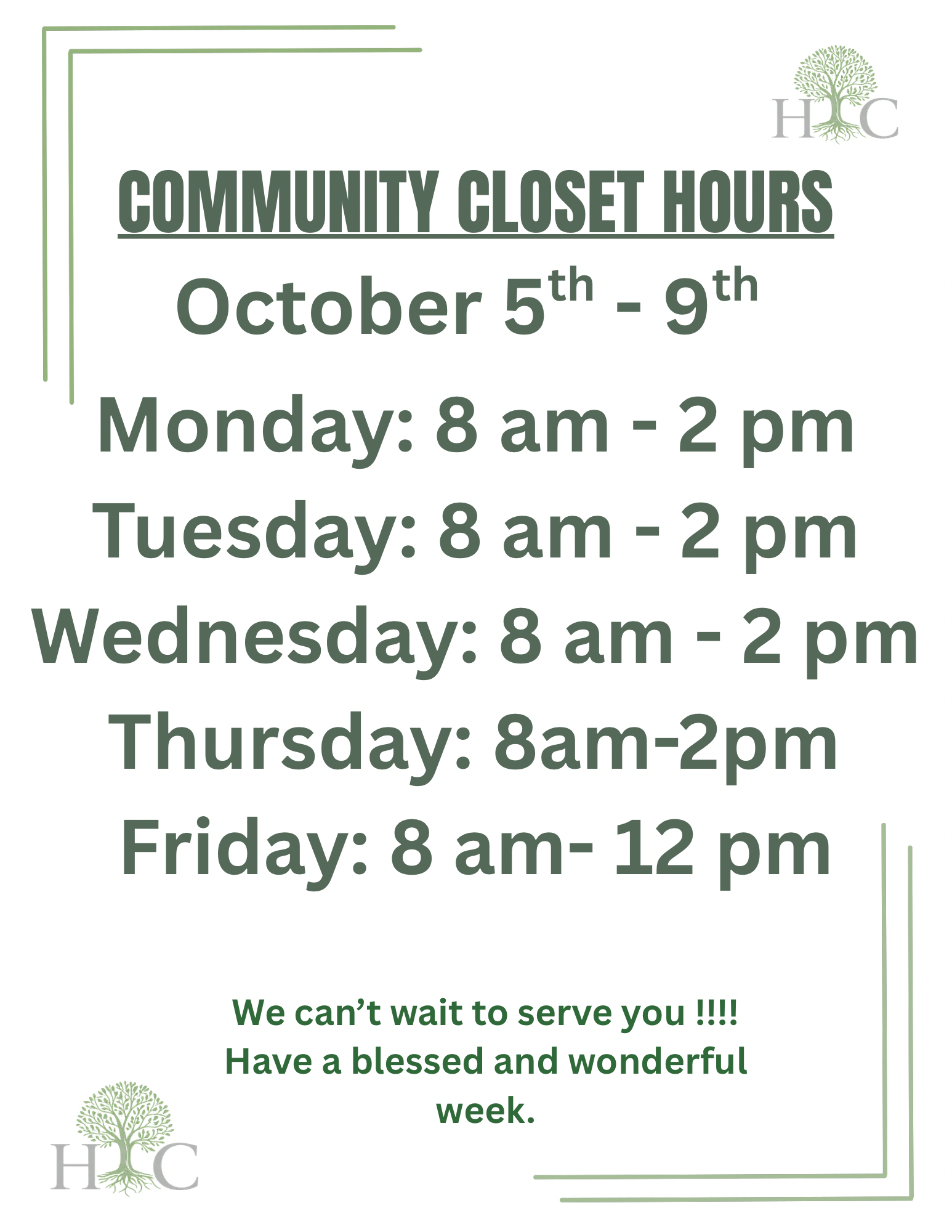 Community Closet Hours sign with schedule and promotional message, featuring a green tree logo in the top right corner and bottom left corner.