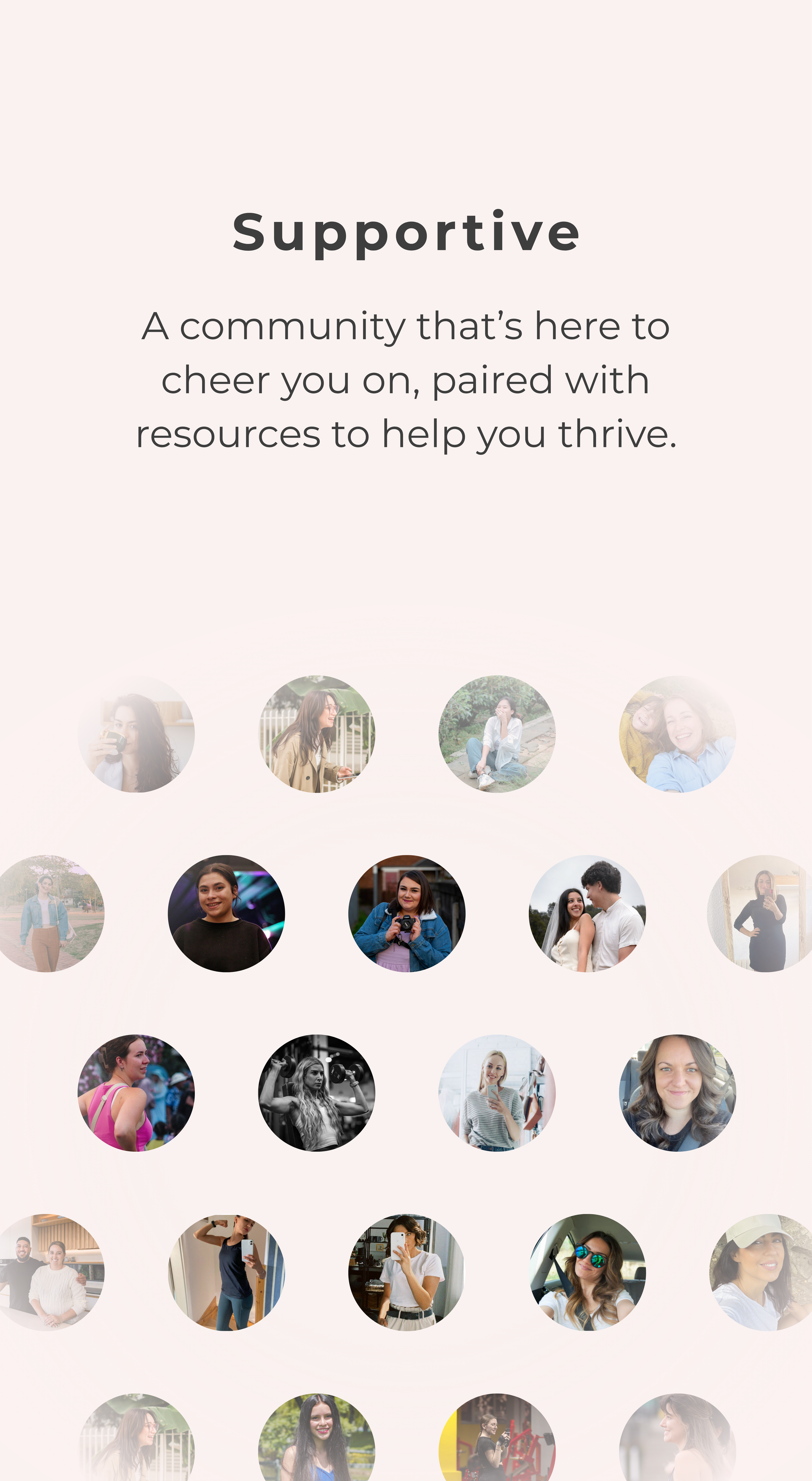 Collage of diverse women in circles with the word "Supportive" and text about a community to help individuals thrive.
