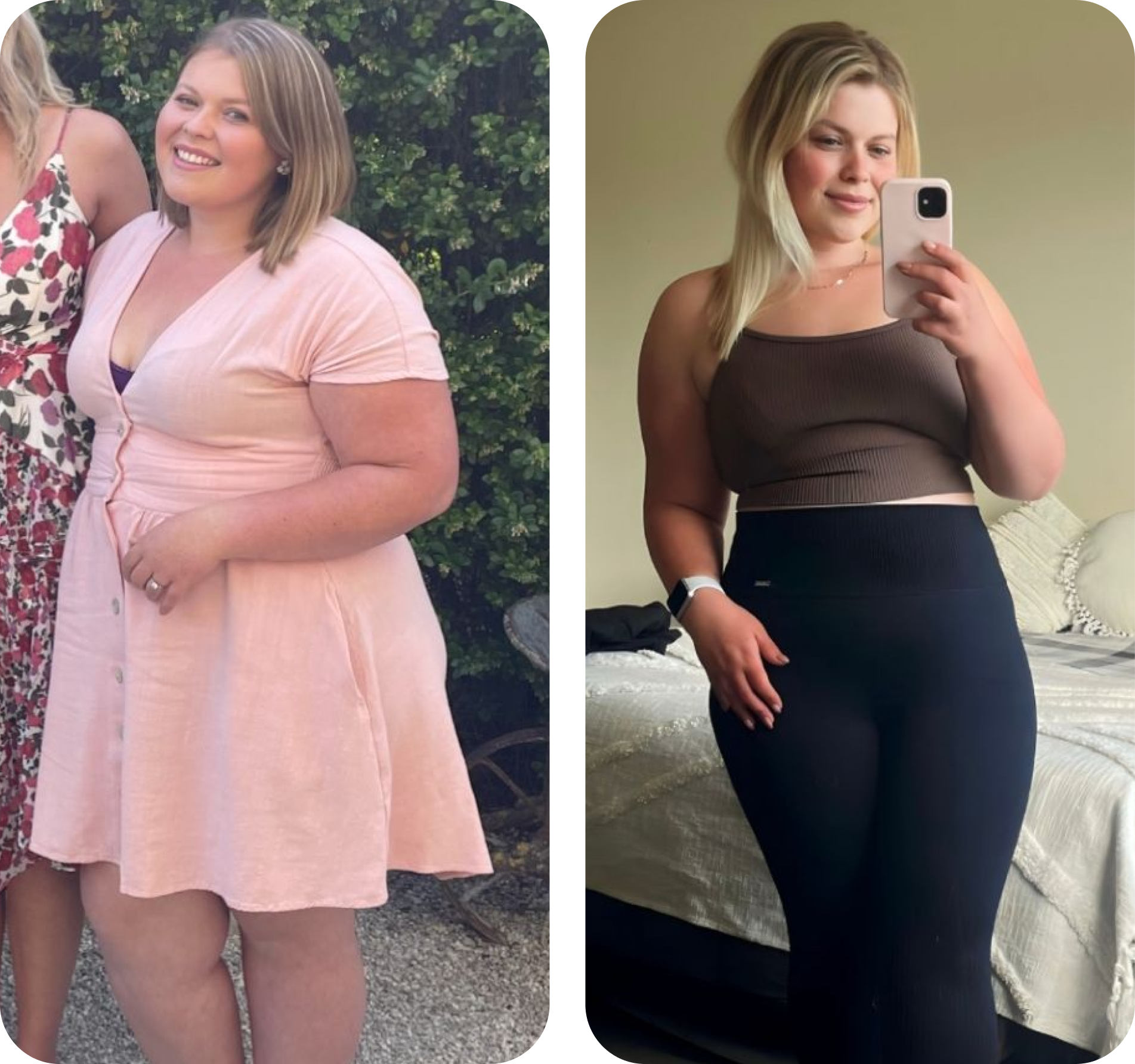 A two-panel image of a woman on the left wearing a pink dress outside and on the right taking a selfie wearing a brown top and black leggings.