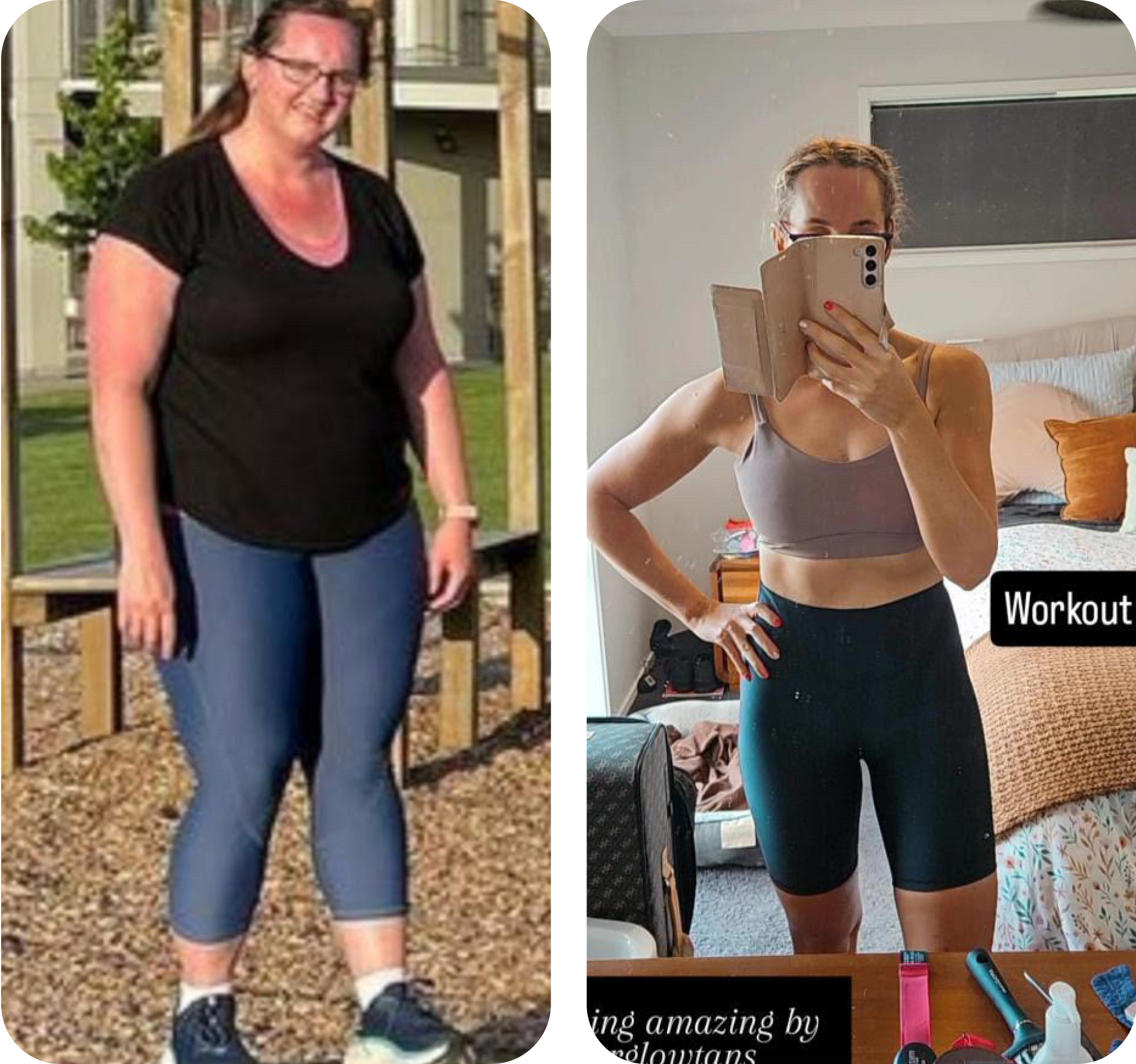 A side-by-side comparison showing a woman before and after a weight loss transformation. The left image shows her outdoors wearing a black shirt and blue leggings. The right image shows her indoors in athletic wear, taking a mirror selfie.